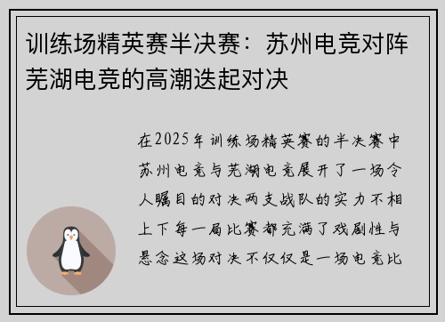 训练场精英赛半决赛：苏州电竞对阵芜湖电竞的高潮迭起对决