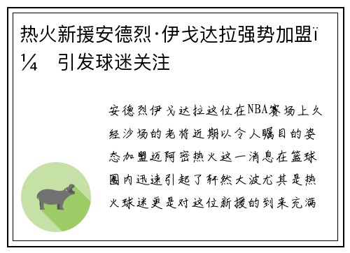 热火新援安德烈·伊戈达拉强势加盟，引发球迷关注